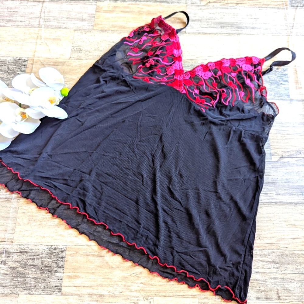 Cacique black red pink sheer pajama top lingerie sleepwear size 14/16 EUC